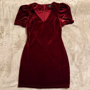 Lulus Burgundy Velvet V-Neck Puff Sleeve Mini Dress Red Small